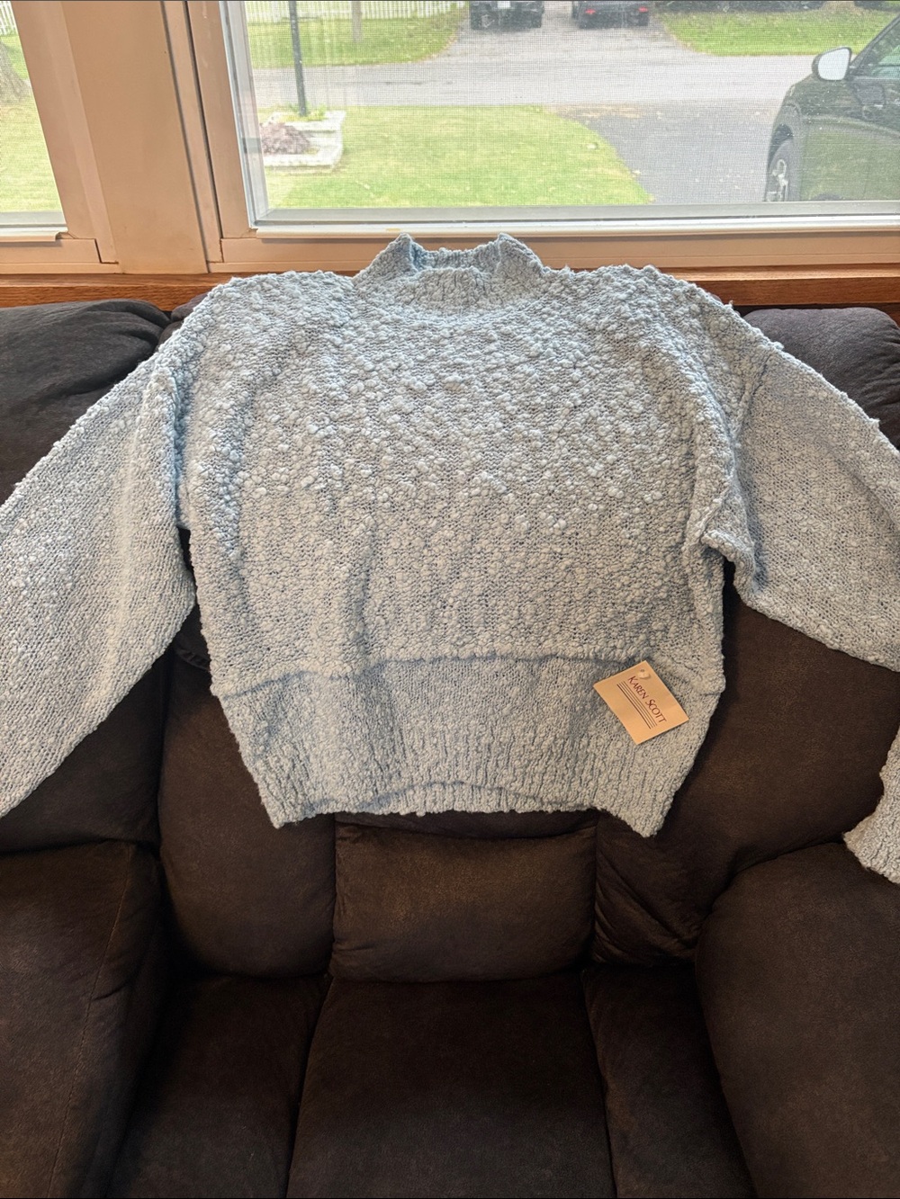 VTG 80s 90s Karen Scott Bouclé Knit Sweater Mock Neck Pastel Blue NWT Size